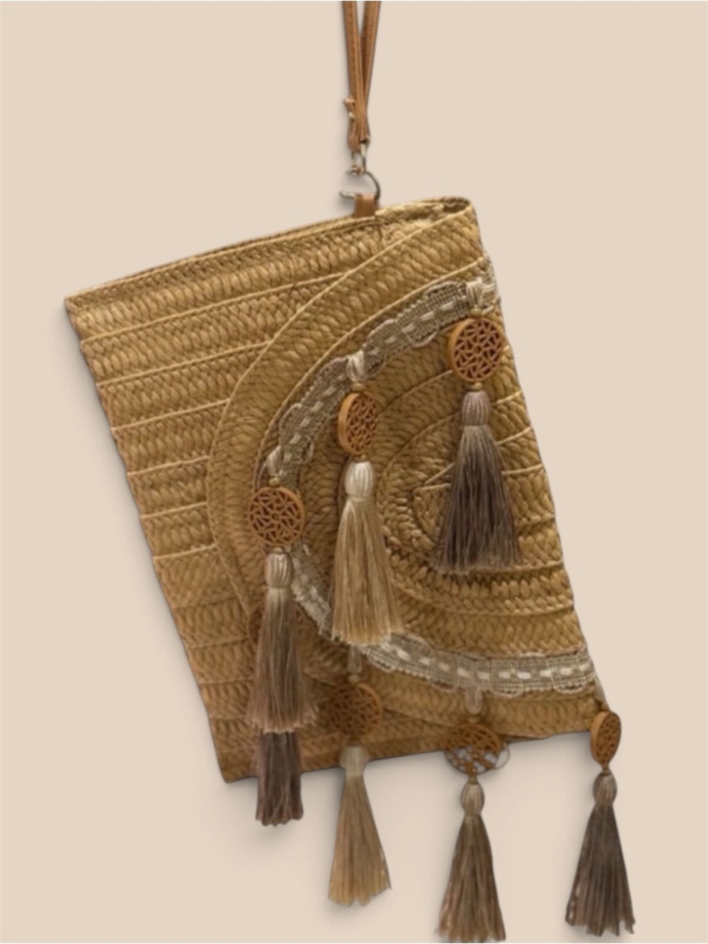 Basket Woven Clutch Wristlet Tan Tassel Accents